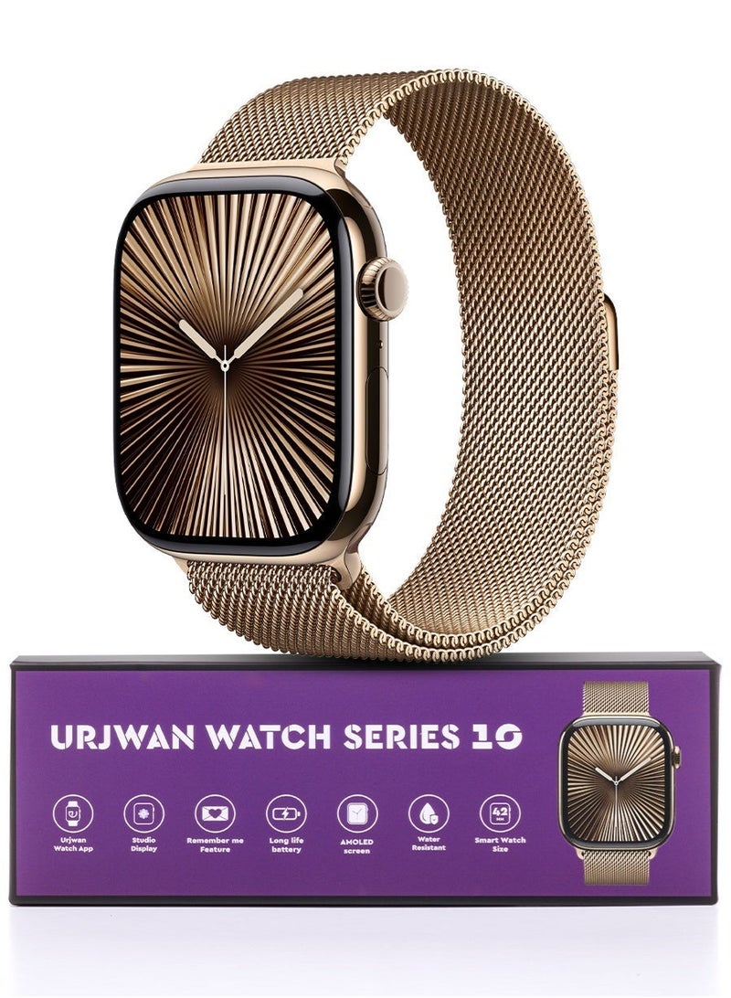 Urjwan Smartwatch Series 10 Gold 42mm: AMOLED Ultra-Clear Display, Photo Display Feature, Exclusive App, “Remember You” instance messaging, Slimmer Design with Reduced Bezels, New Colors with Extra Strap, Call & Notification Support. - Image 1